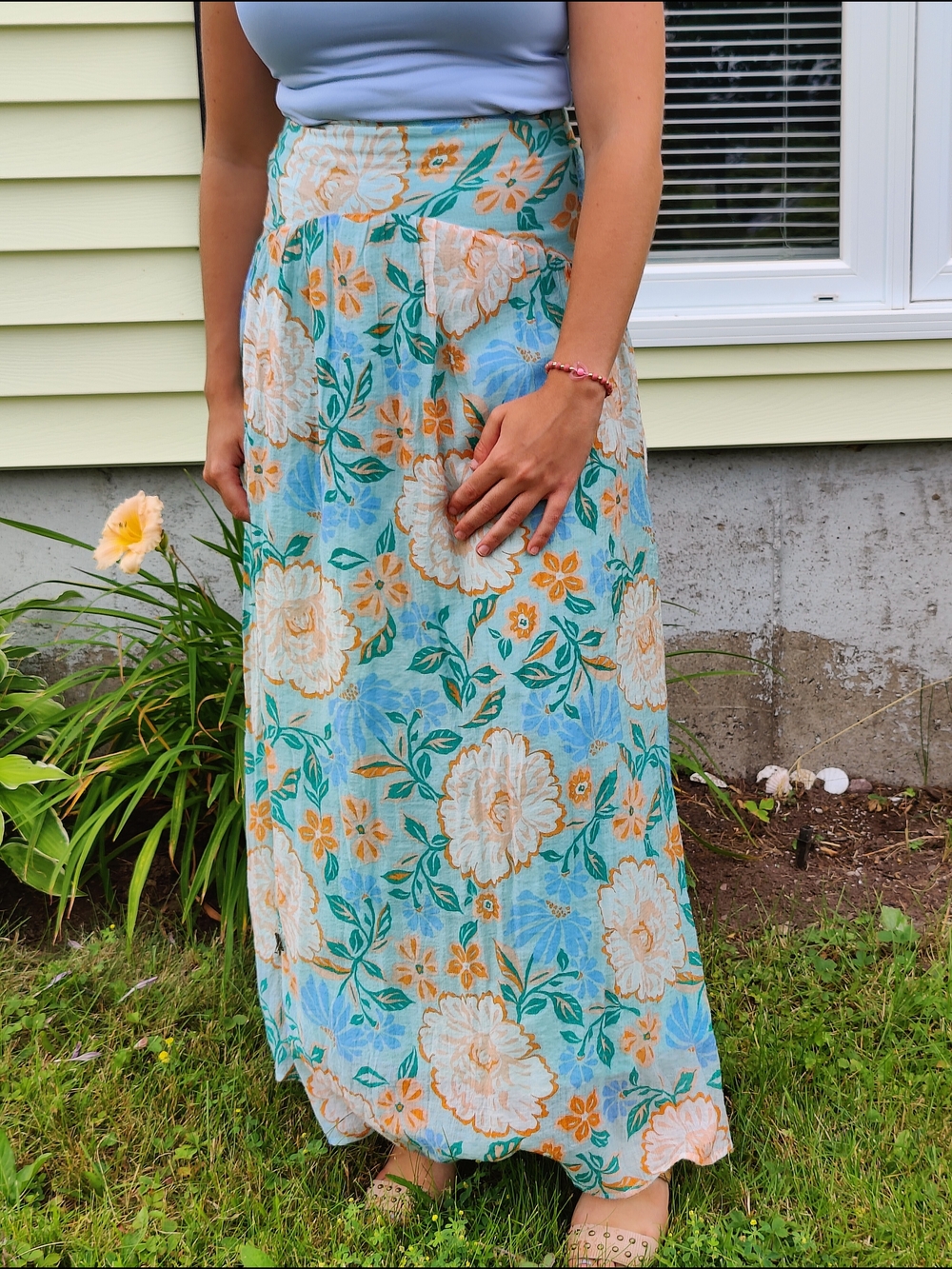 MINKPINK Floral Maxi Skirt in Light Blue, Cream & Green